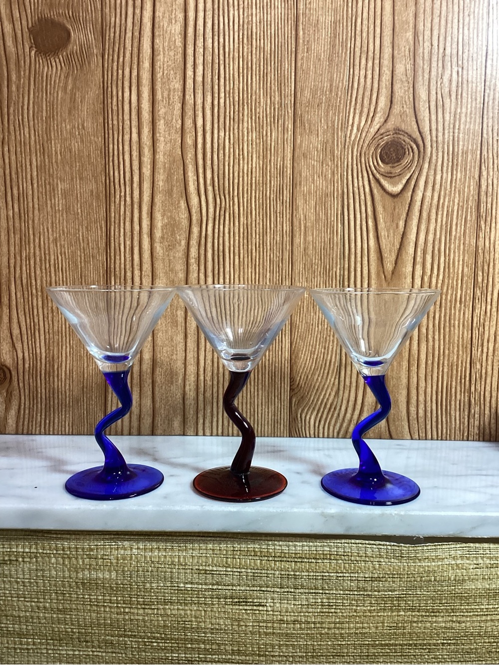 Set of 3 Twisted Stem Martini Glasses - Blue & Ruby Red Stems